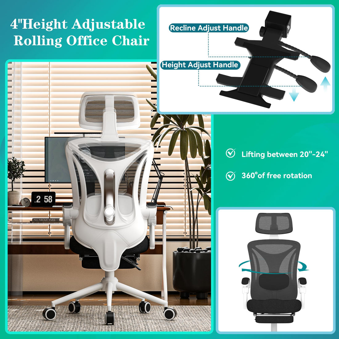 Ergonomic Office Chair with Footrest, Black & White