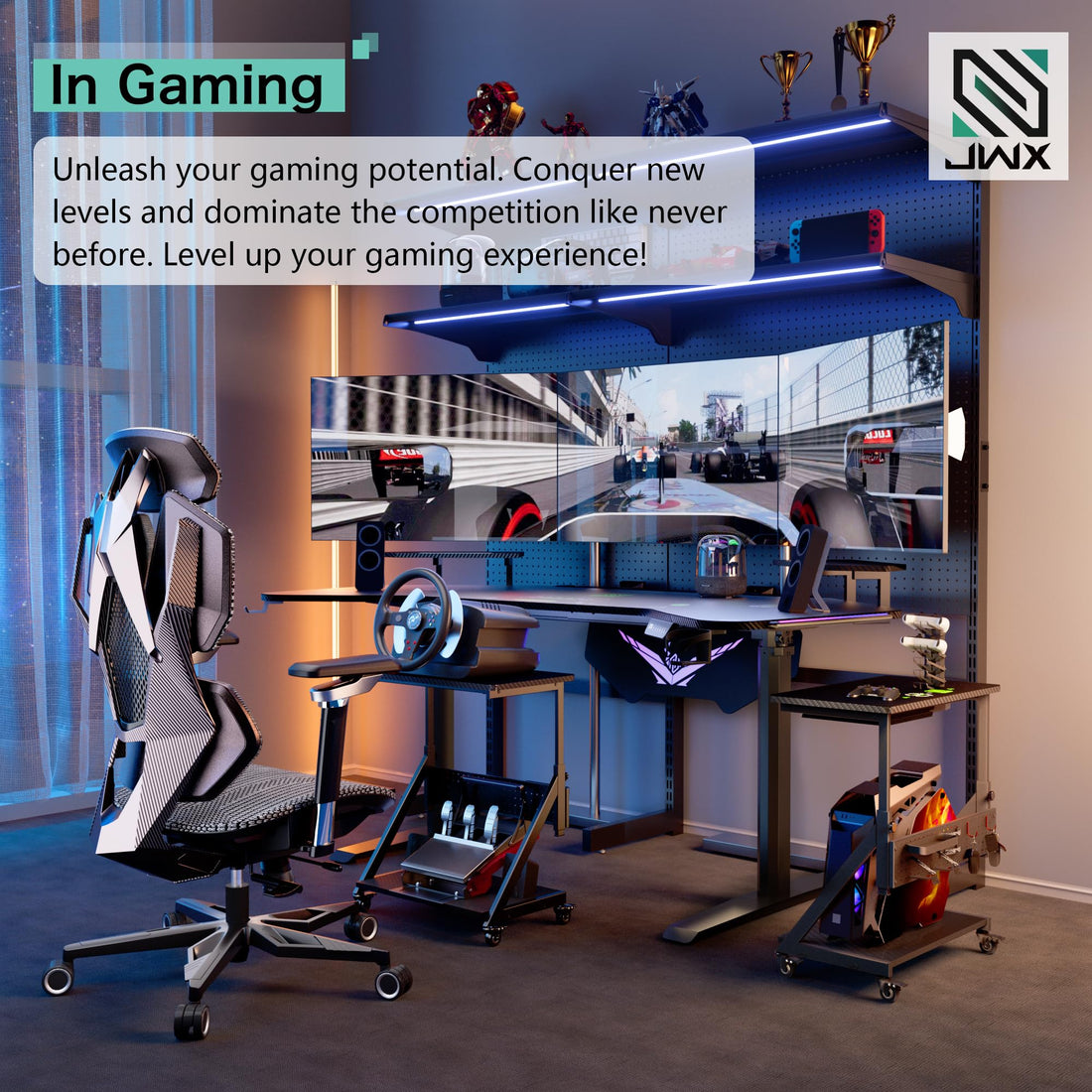 JWX 71" Dual Motor 4-Leg Standing Gaming Desk with LED