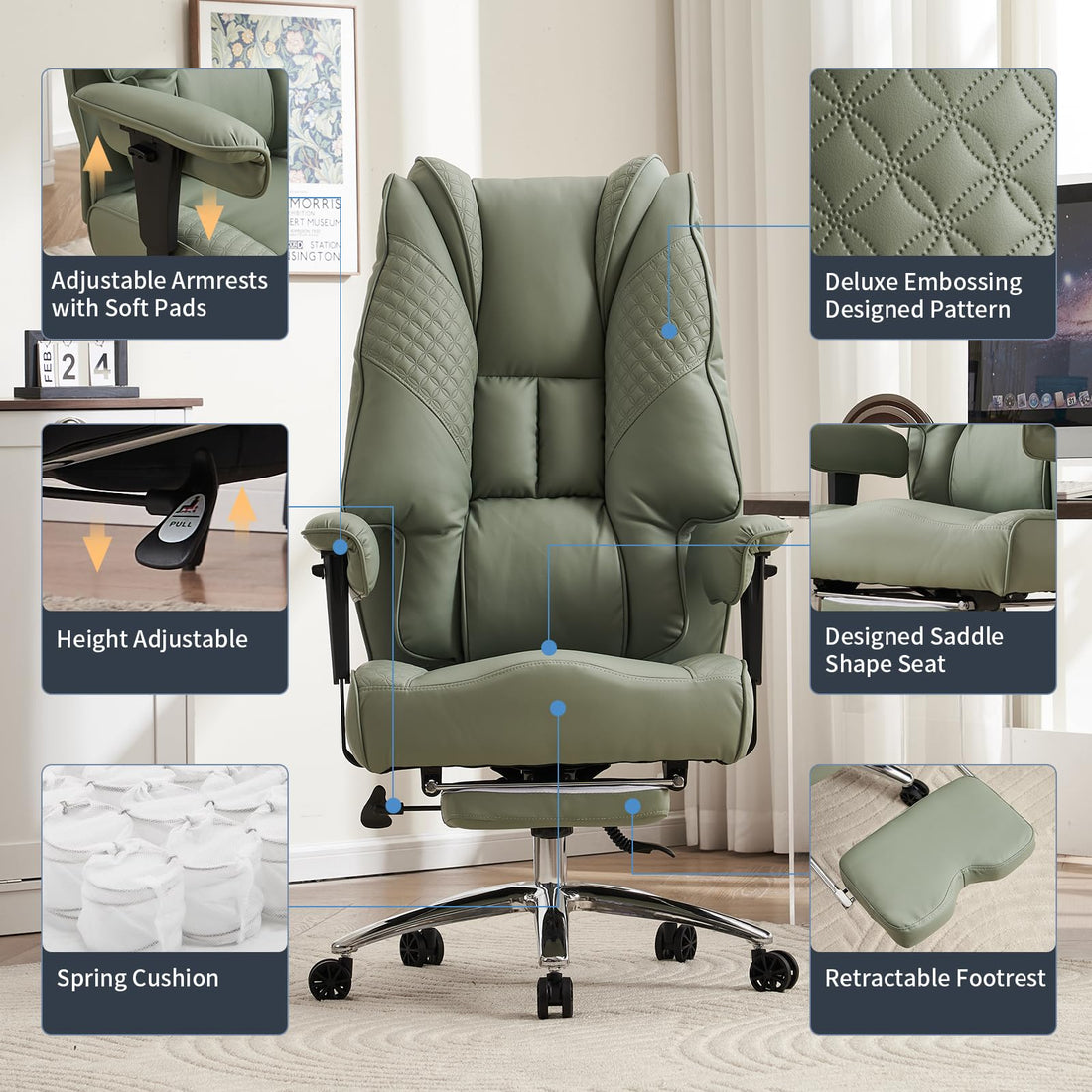 Big & Tall PU Leather Office Chair with Footrest, Brown
