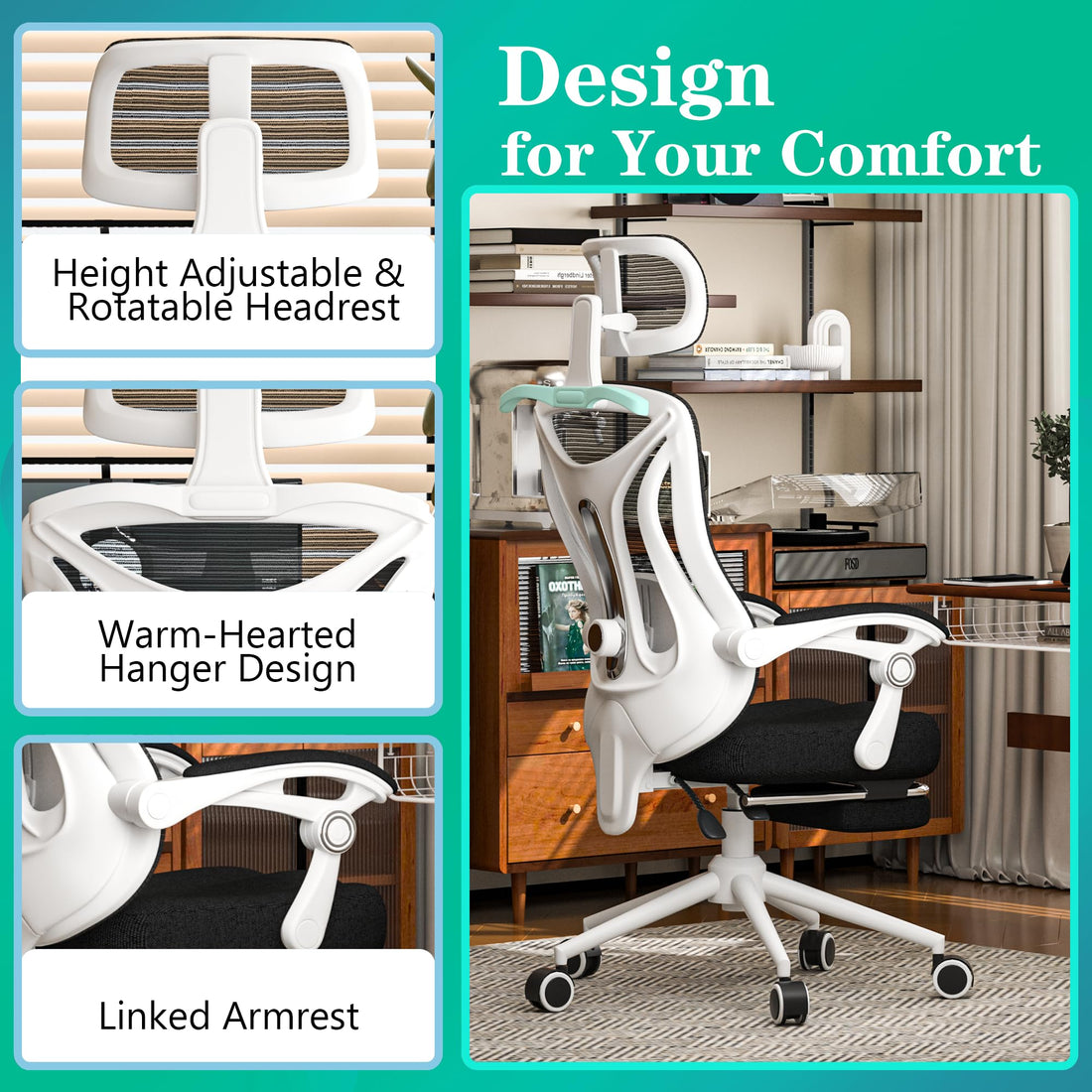 Ergonomic Office Chair with Footrest, Black & White