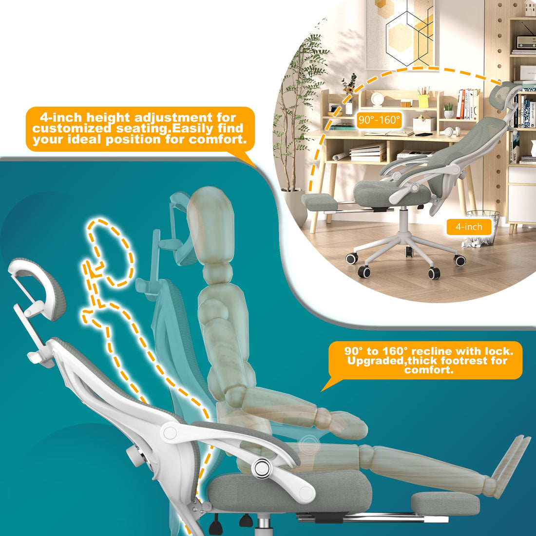 Ergonomic Office Chair with Footrest, Black & White