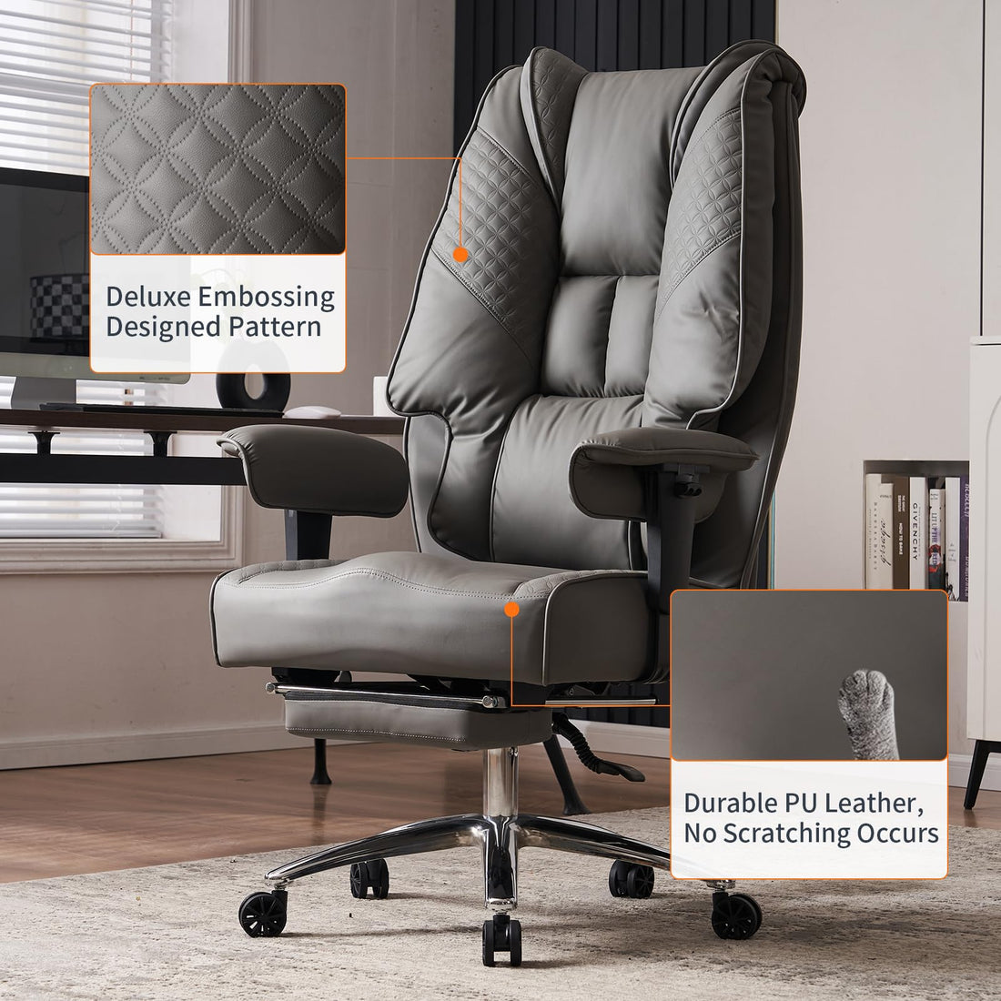 Big & Tall PU Leather Office Chair with Footrest, Brown