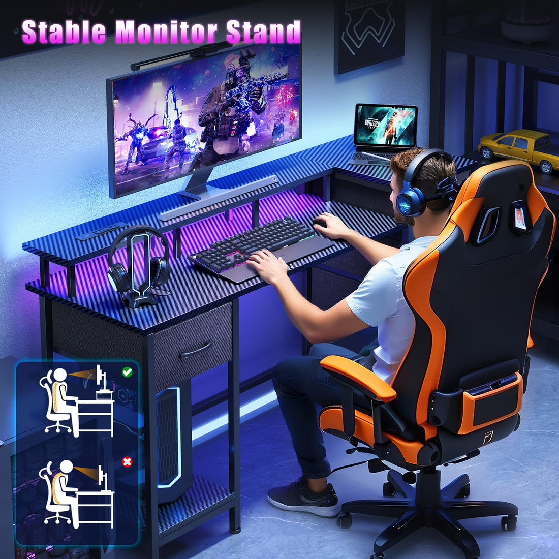 47" Gaming Desk with LED & Power Outlets, Black