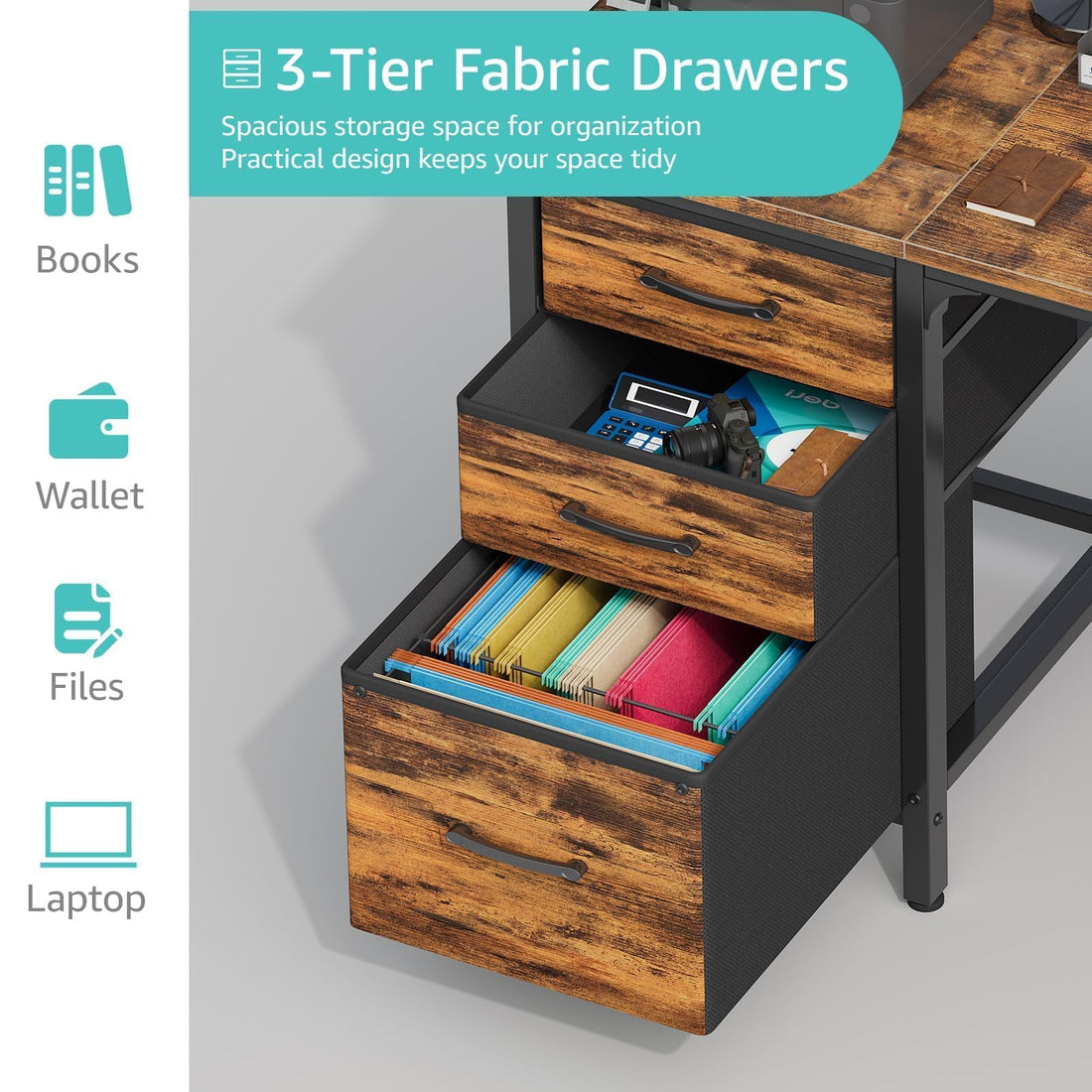 Lufeiya 47" Desk with Fabric Drawers, Rustic Brown