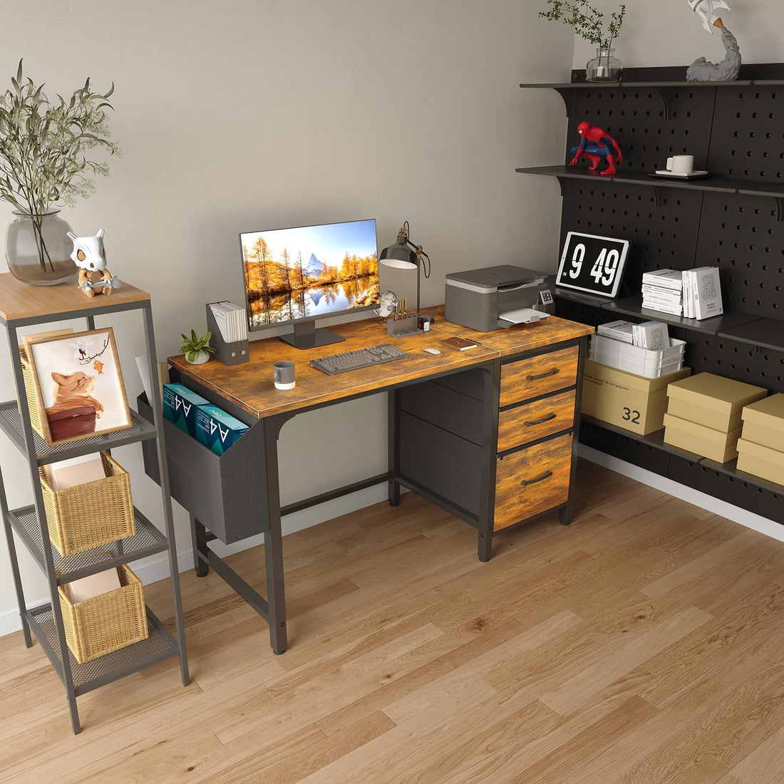 Lufeiya 47" Desk with Fabric Drawers, Rustic Brown