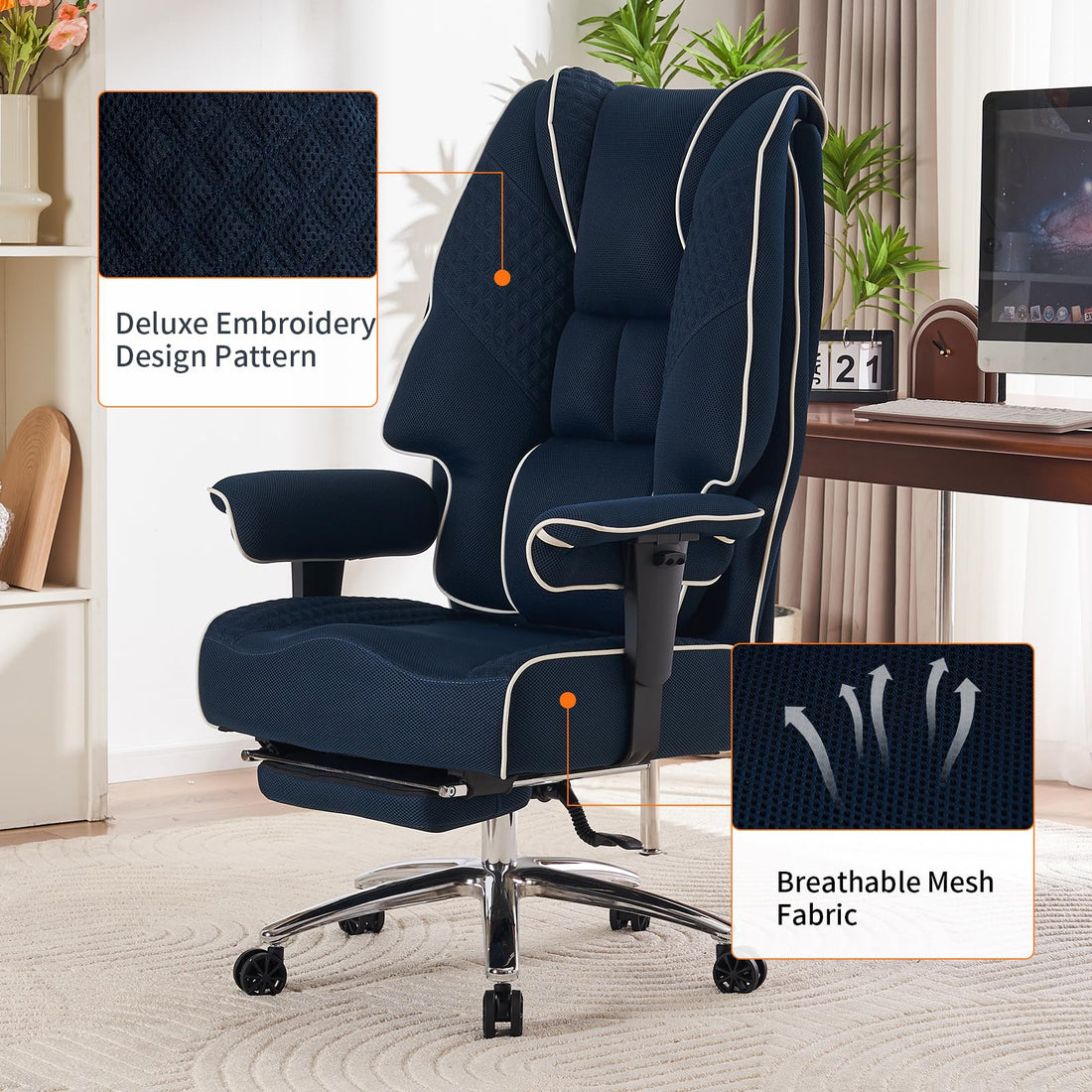 Big & Tall PU Leather Office Chair with Footrest, Brown