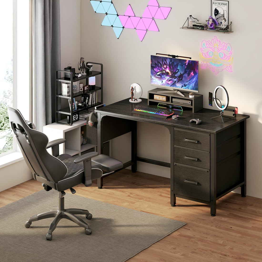 Lufeiya 47" Desk with Fabric Drawers, Rustic Brown