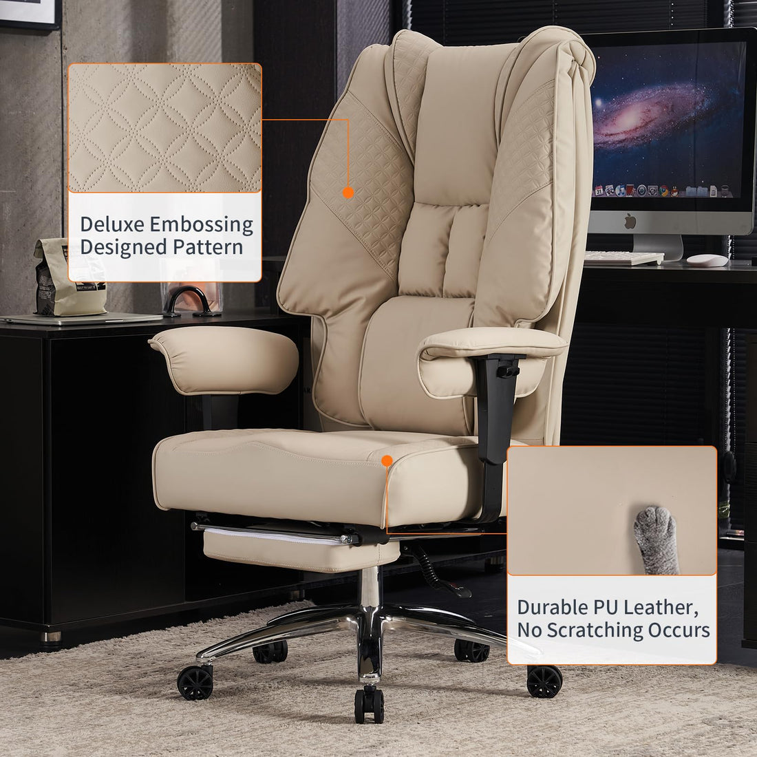 Big & Tall PU Leather Office Chair with Footrest, Brown