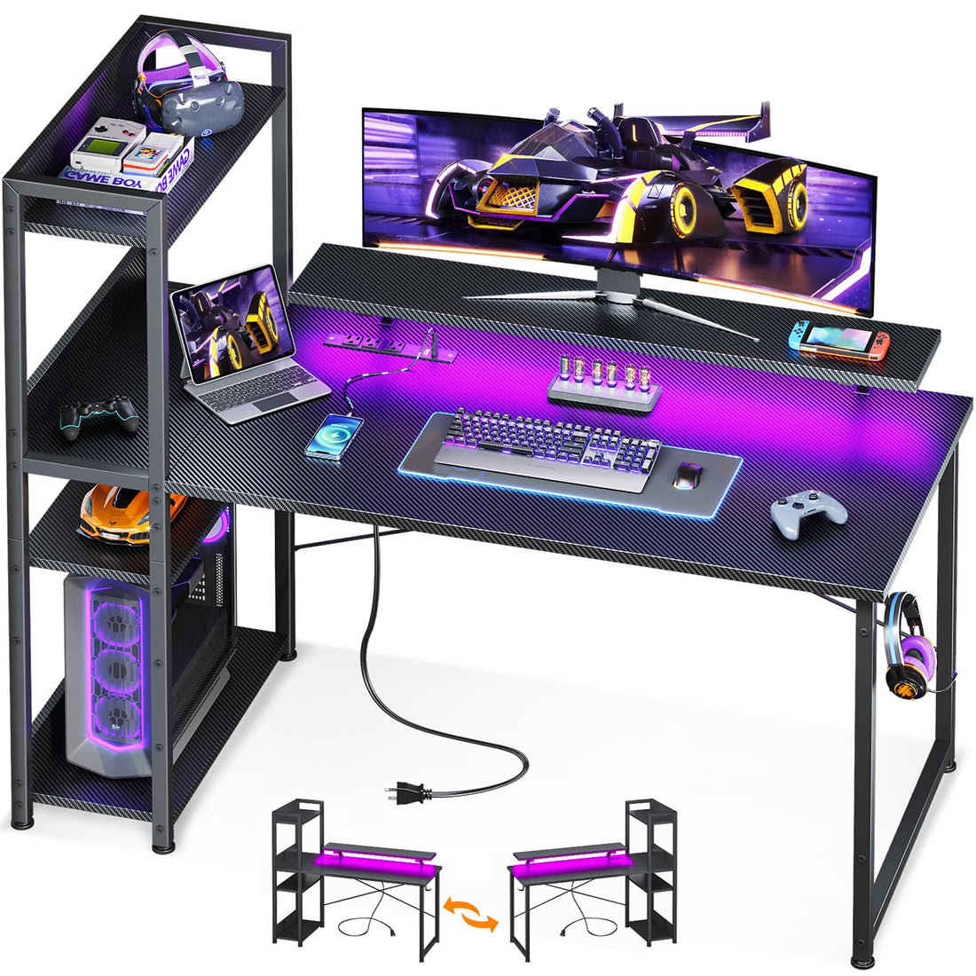ODK 40" Reversible Gaming Desk with LED & USB Port