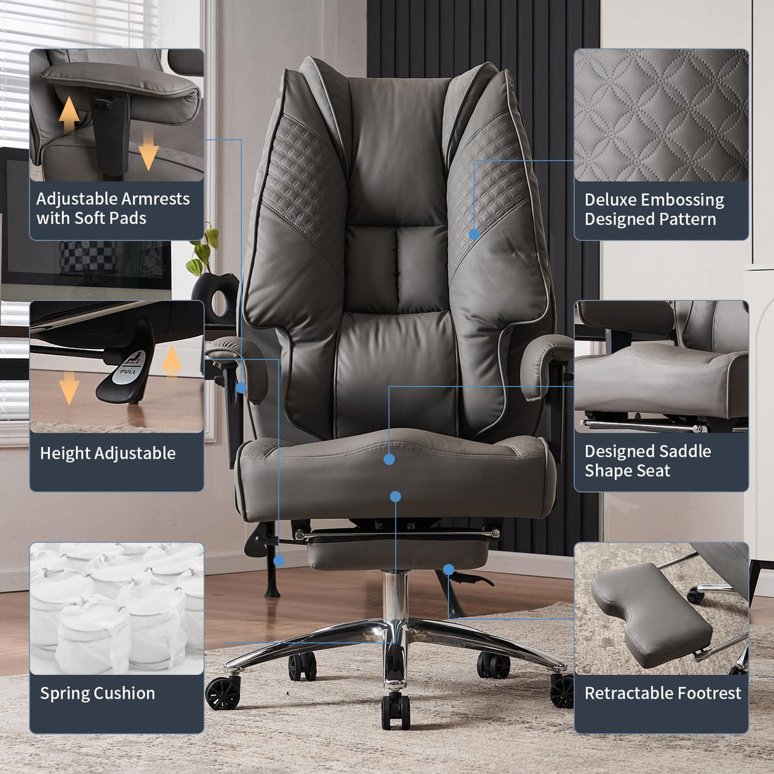 Big & Tall PU Leather Office Chair with Footrest, Brown