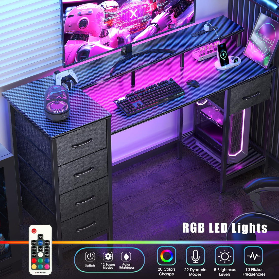 47" Gaming Desk with LED & Power Outlets, Black