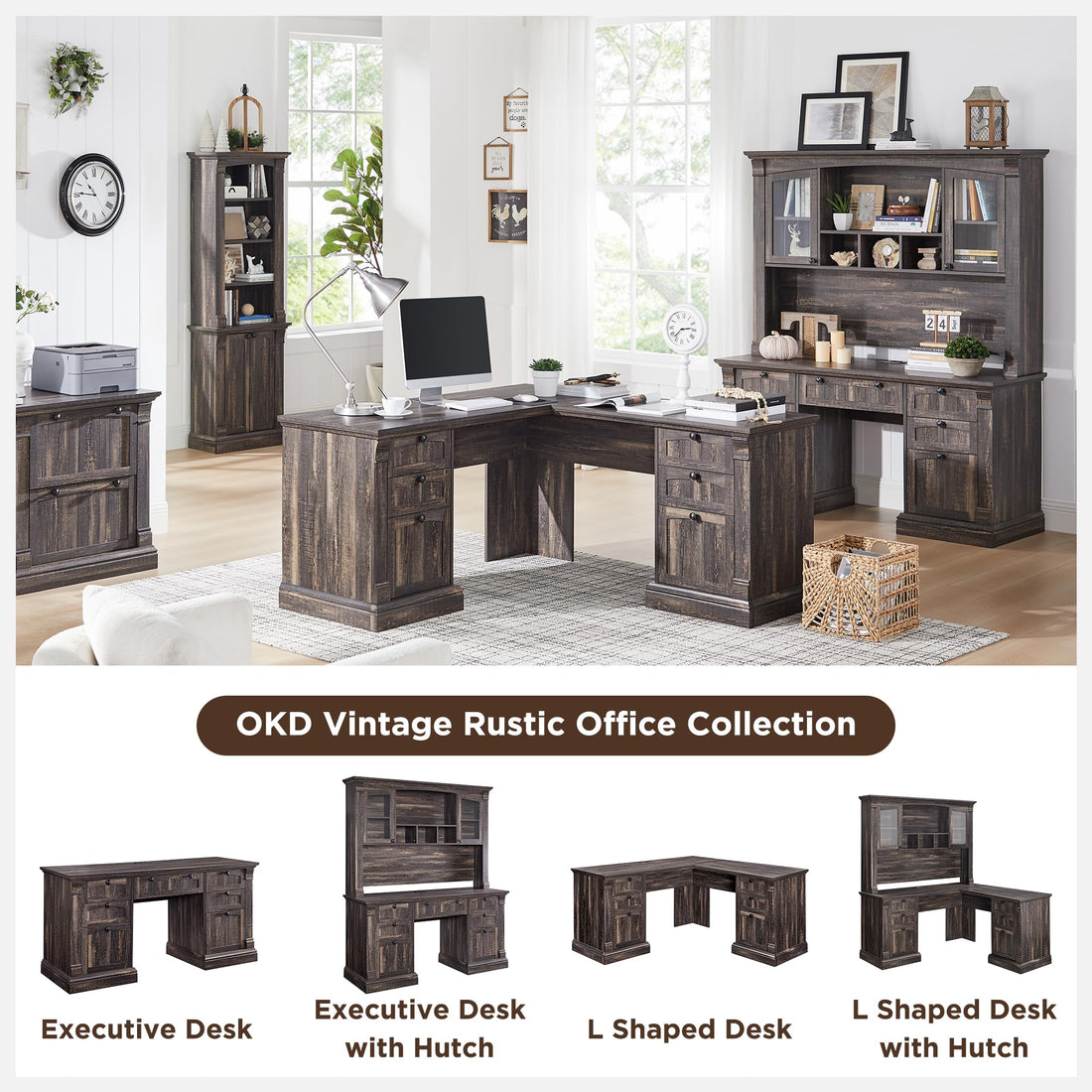 OKD 60" L-Shaped Executive Desk with Hutch & Storage