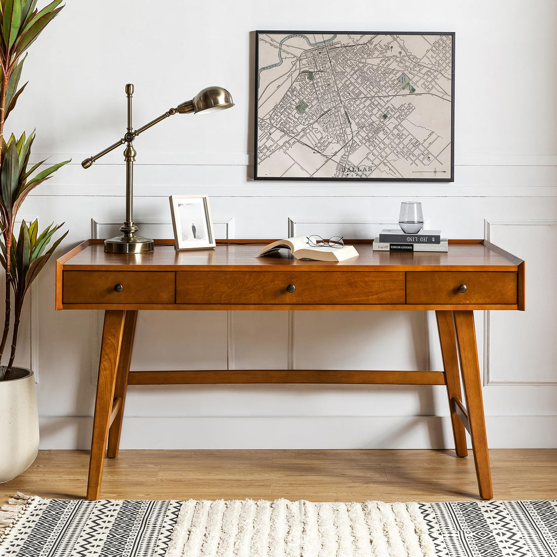 HULALA HOME Desk with 3 Drawers, Acorn
