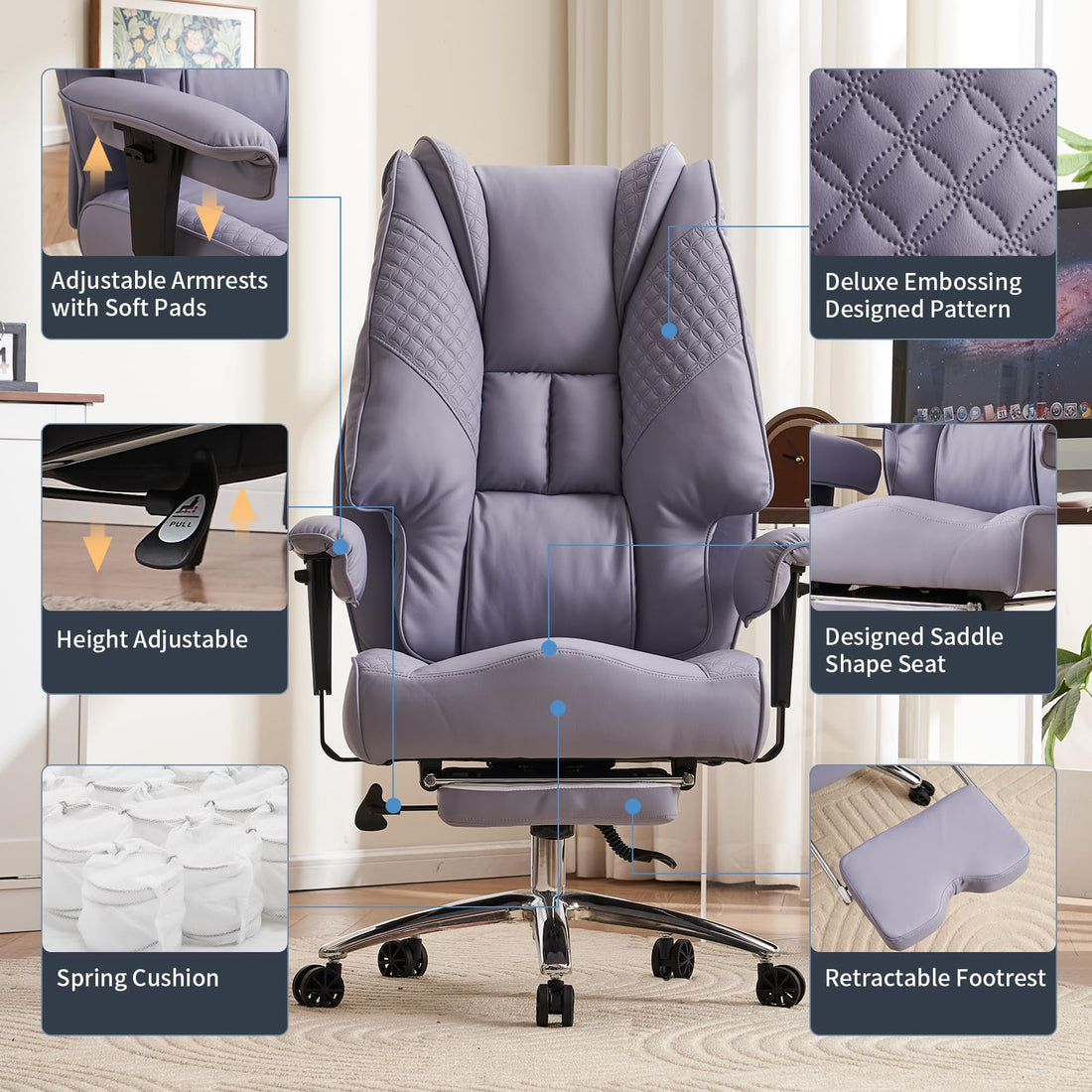 Big & Tall PU Leather Office Chair with Footrest, Brown