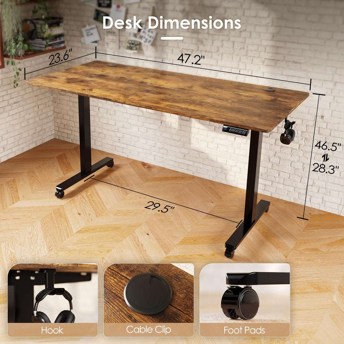 Monomi 63"x28" Electric Standing Desk, Rustic Brown/Black