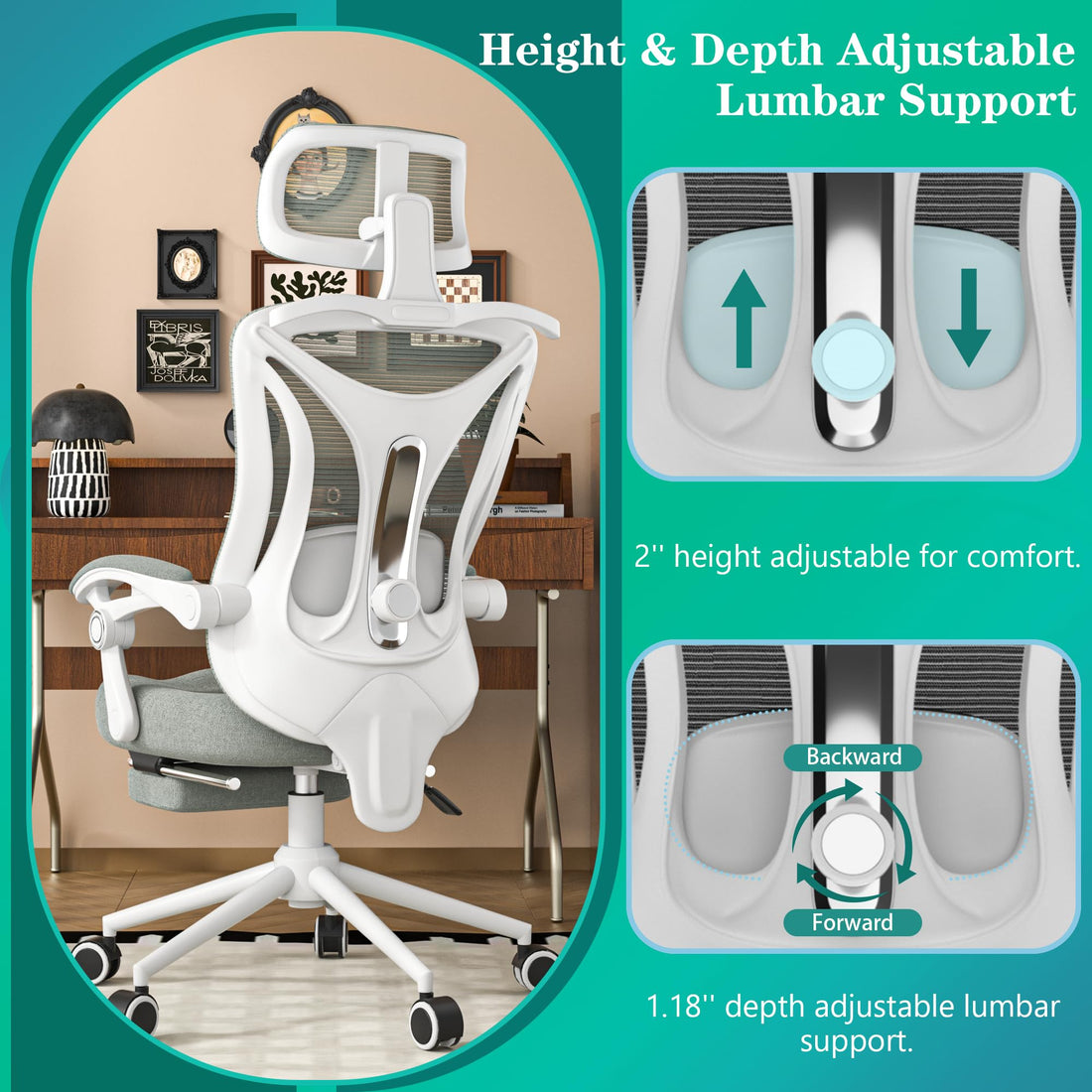 Ergonomic Office Chair with Footrest, Black & White