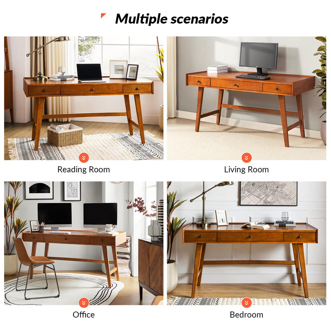 HULALA HOME Desk with 3 Drawers, Acorn