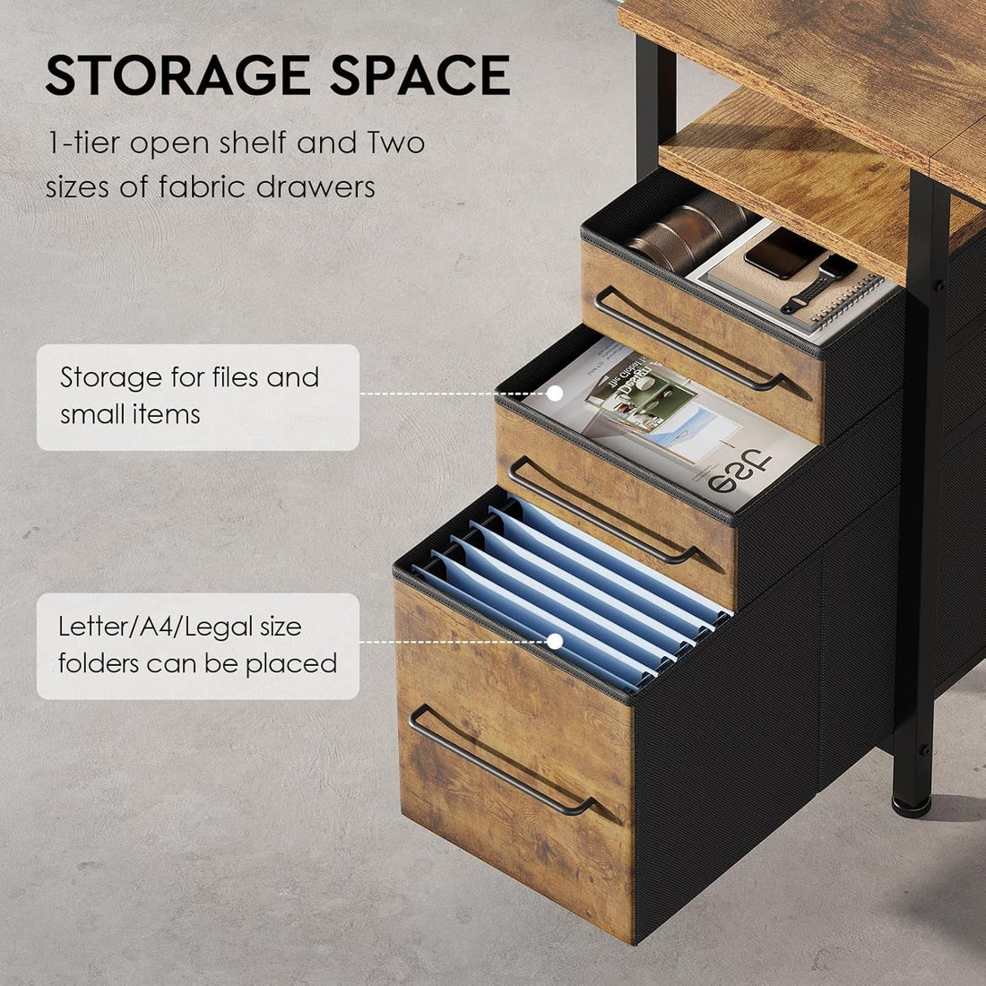 Maihail 40" Small Desk with Drawers & Shelves – Rustic Brown