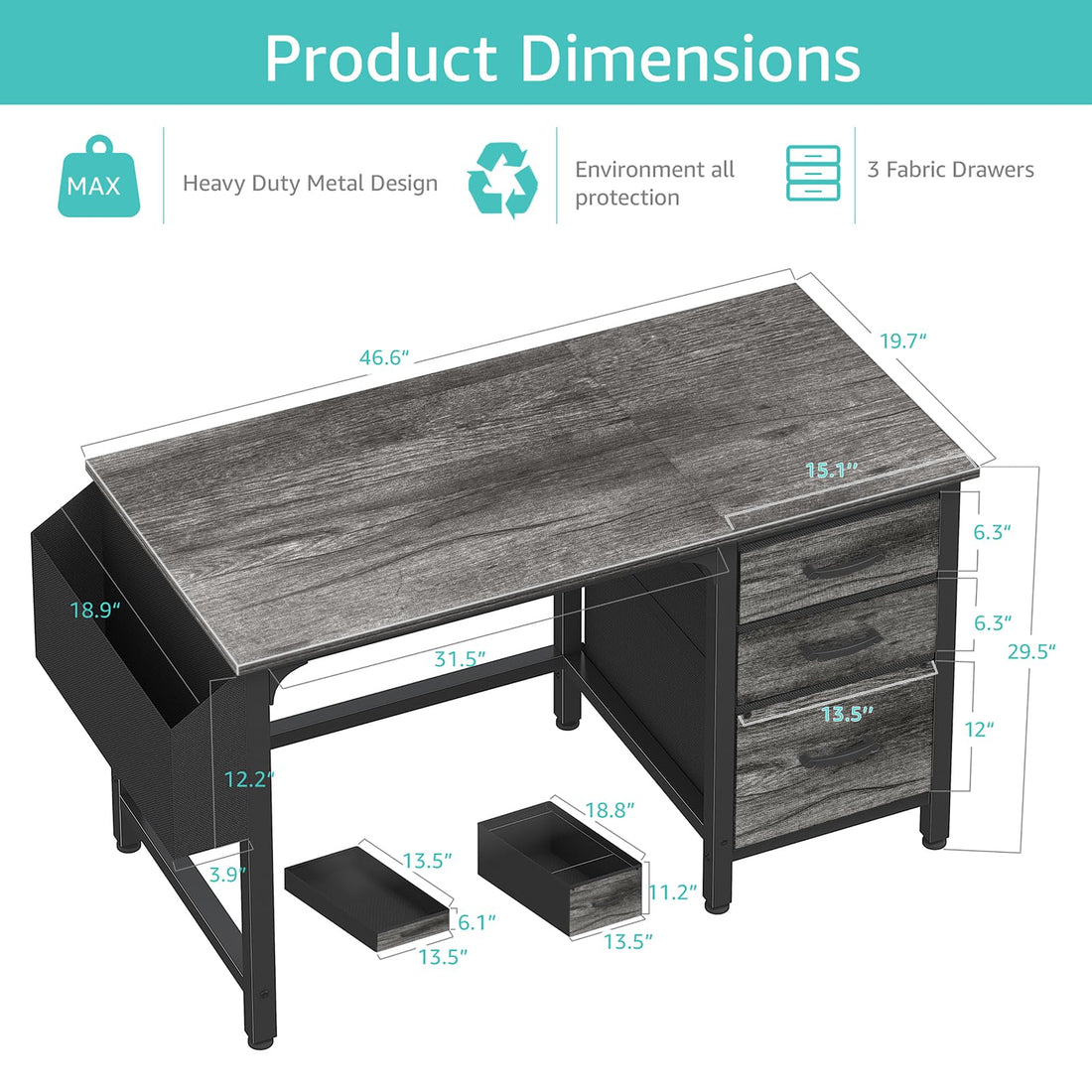 Lufeiya 47" Desk with Fabric Drawers, Rustic Brown