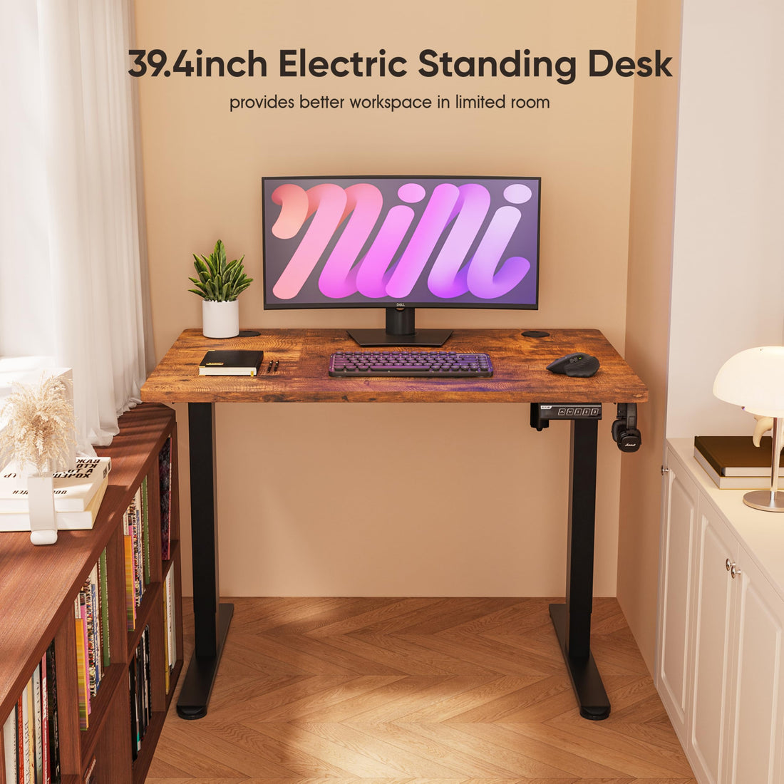 Monomi 63"x28" Electric Standing Desk, Rustic Brown/Black