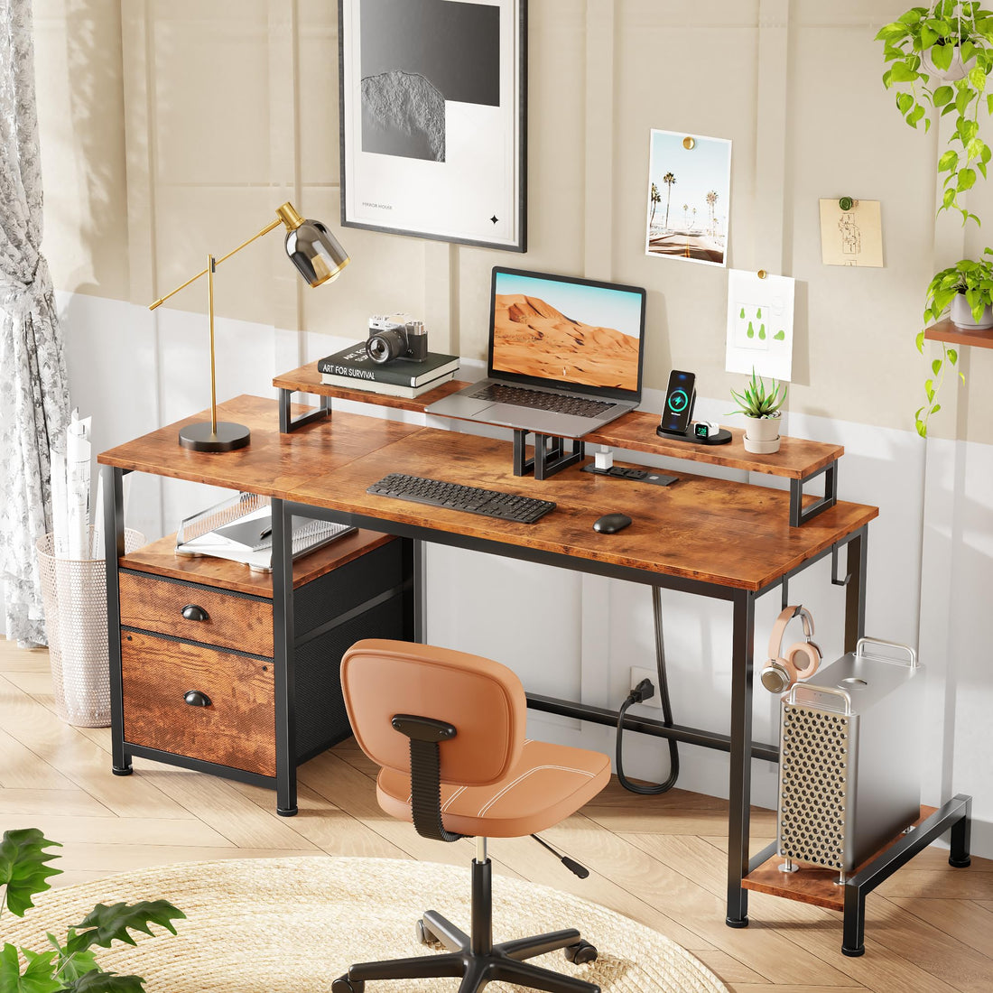 Furologee 47" Desk with Storage, Rustic Brown
