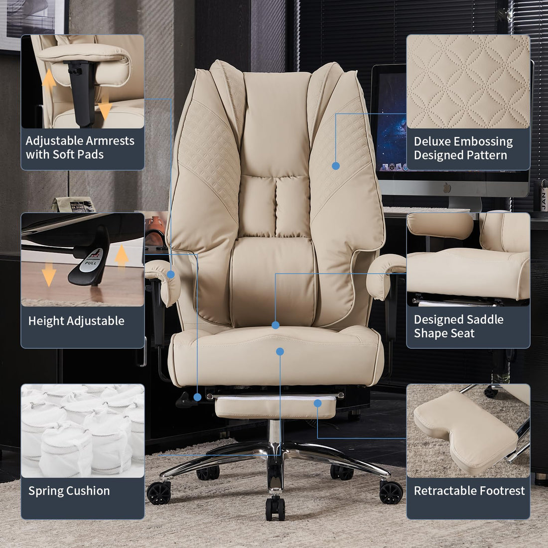 Big & Tall PU Leather Office Chair with Footrest, Brown