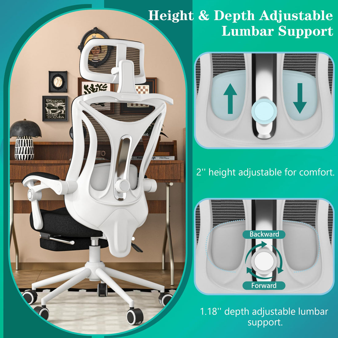 Ergonomic Office Chair with Footrest, Black & White