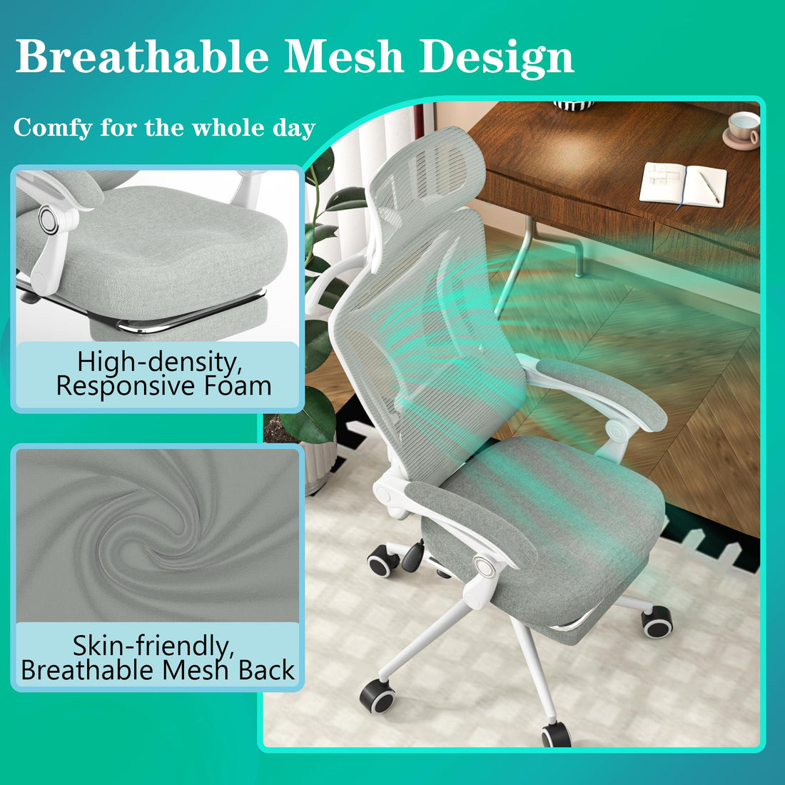 Ergonomic Office Chair with Footrest, Black & White