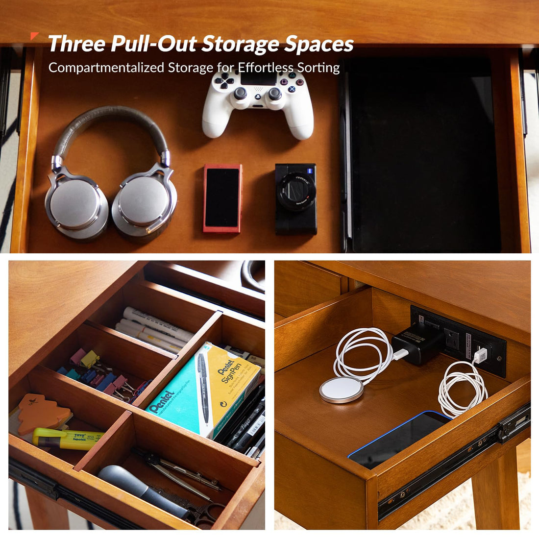 HULALA HOME Desk with 3 Drawers, Acorn
