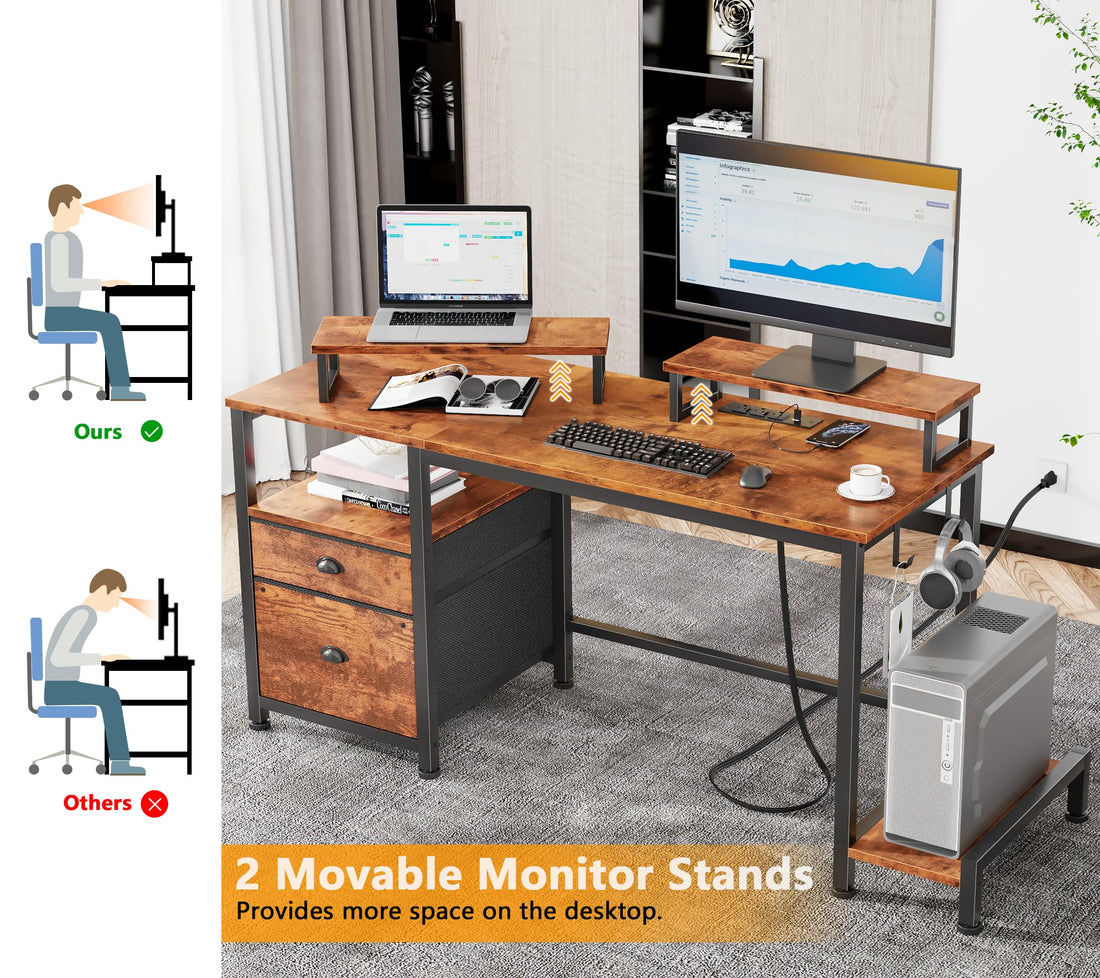 Furologee 47" Desk with Storage, Rustic Brown