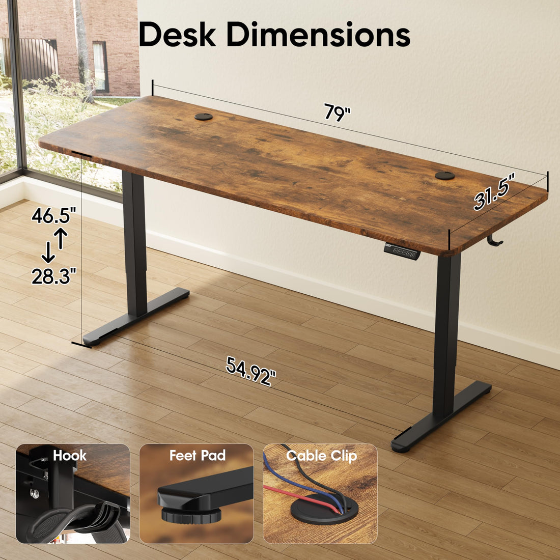 Monomi 63"x28" Electric Standing Desk, Rustic Brown/Black