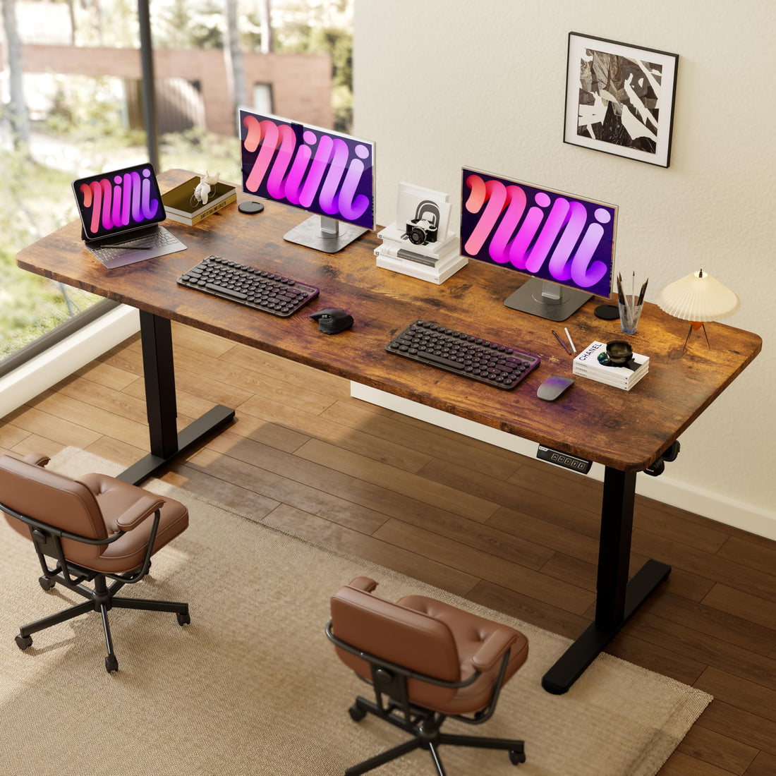 Monomi 63"x28" Electric Standing Desk, Rustic Brown/Black