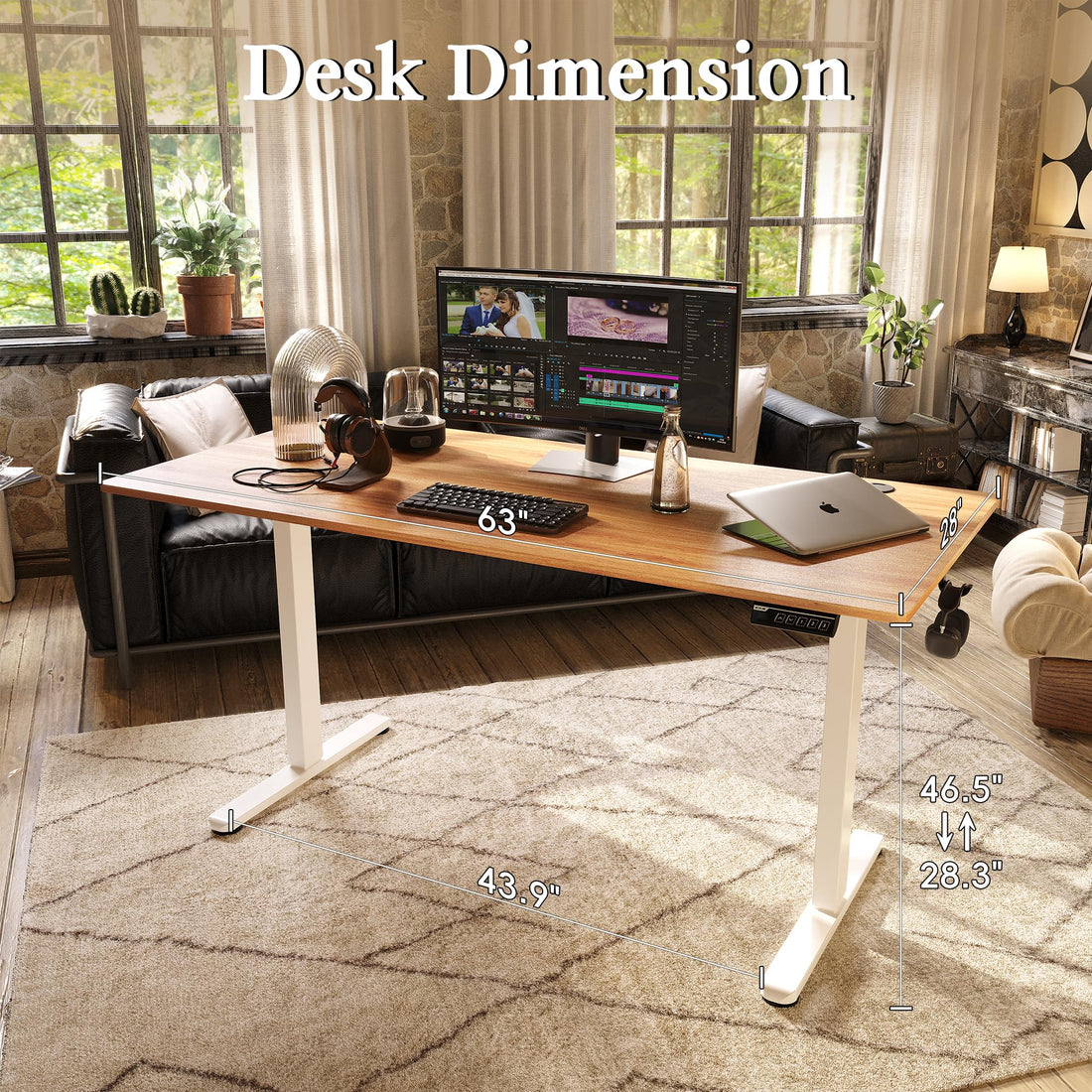Monomi 63"x28" Electric Standing Desk, Rustic Brown/Black