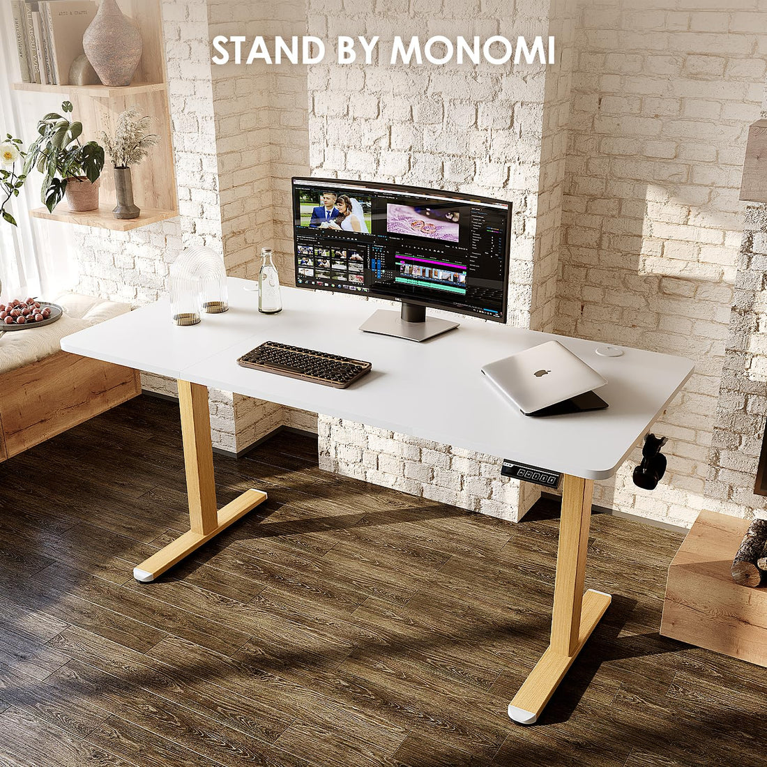 Monomi 63"x28" Electric Standing Desk, Rustic Brown/Black